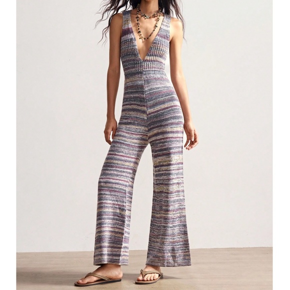 Boho Multicolor Stripes Knit V neck SleeveLess Wide leg Jumpsuit - Picture 4 of 6